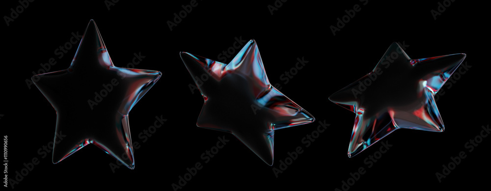 Poster glossy star-shaped objects with a multicolor reflective surface on a black background. 3d rendering