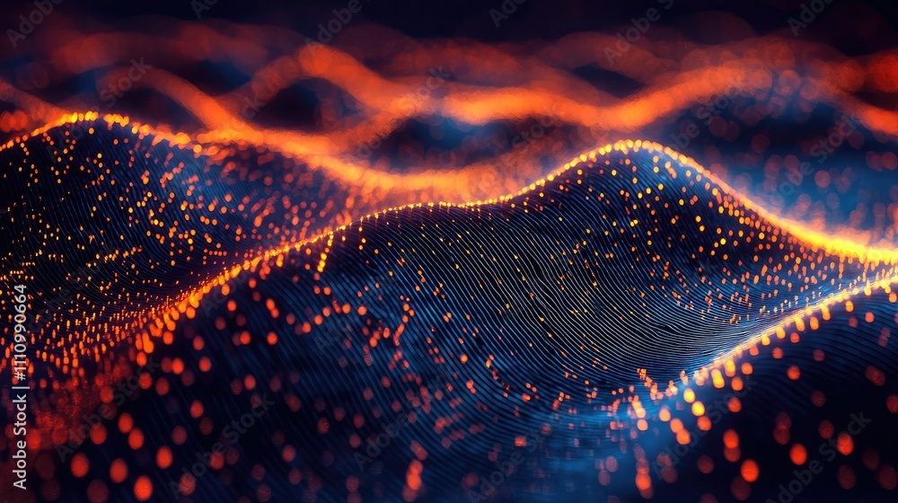 Poster abstract wave patterns of orange and blue particles creating a vibrant energetic landscape evoking d