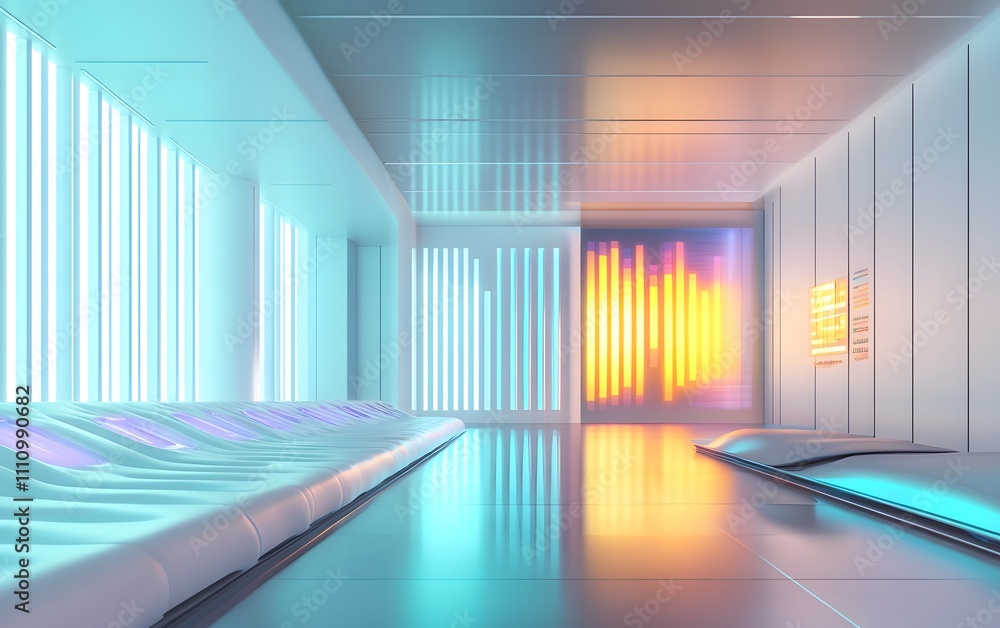 Poster a modern, minimalistic interior showcasing futuristic lighting and design elements. sleek surfaces a