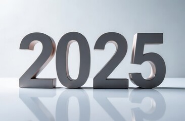 Minimalist gray or metal numbers 2025 on white background. Happy New Year 2025 congratulations banner