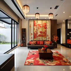 A modern living room featuring elegant decor, vibrant colors, and natural light. The stylish furnishings create a cozy atmosphere, perfect for relaxation and social gatherings.