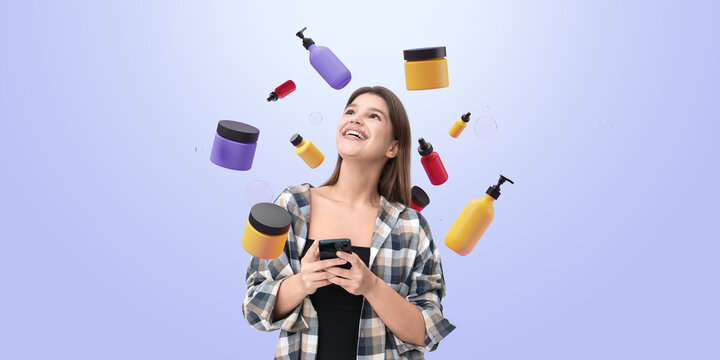 Woman smiling while holding phone surrounded by cosmetic product