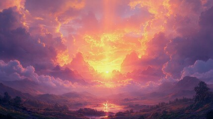 Fototapeta premium A peaceful landscape at sunrise or sunset, with rays of light breaking through the clouds over a tranquil mountain scene, evoking a sense of spiritual awakening