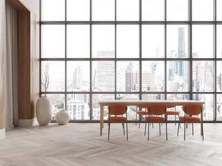 Modern dining area with wooden table and orange chairs, overlooking a city skyline through a large glass window. 3D Rendering