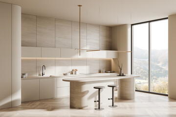 Modern minimalist kitchen with neutral tones and large windows overlooking nature. Elegant kitchen island and sleek cabinetry design. 3D Rendering