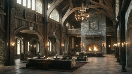 Fototapeta premium Luxurious Modern-Medieval Living Room with Plush Velvet Sofas and Stone Fireplace Illuminated by Soft Candlelight