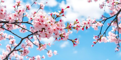 Seamless cherry blossom branches with pink sakura flowers on blue sky and white clouds background in spring nature outdoors, seamless, blue sky