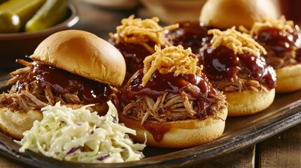 Photo of, A mouthwatering plate of barbecue pulled pork sliders served with coleslaw and cornbread muffins, Pulled pork sliders arranged on a platter with barbecue sauce drizzled on top