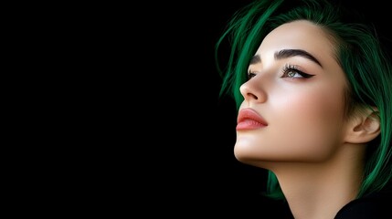 Fototapeta premium A young woman with green hair gazes upwards, showcasing striking makeup against a dark background.