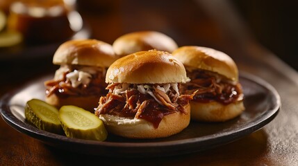 Photo of, A mouthwatering plate of barbecue pulled pork sliders with coleslaw on a brioche bun, served with pickles on the side