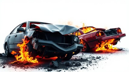 Fototapeta premium Two wrecked cars in fiery aftermath on white background, danger, dramatic
