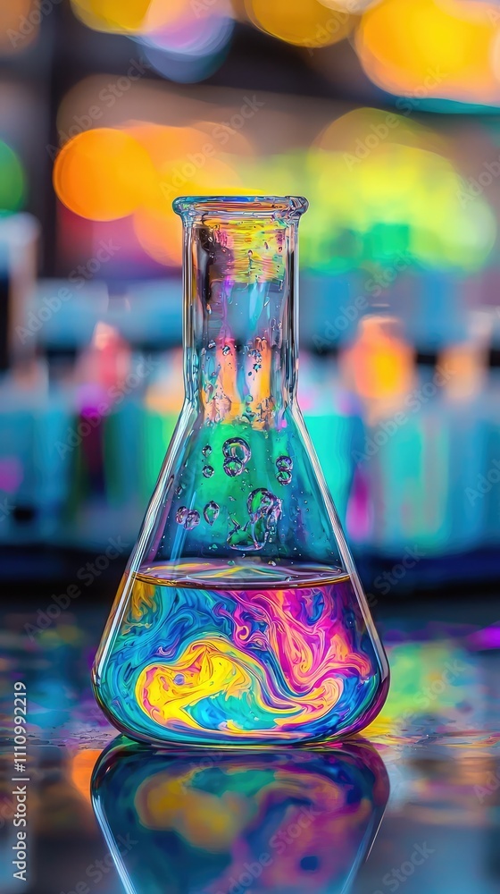 Poster vibrant laboratory flasks with colorful liquid and bokeh background in a science experiment environm