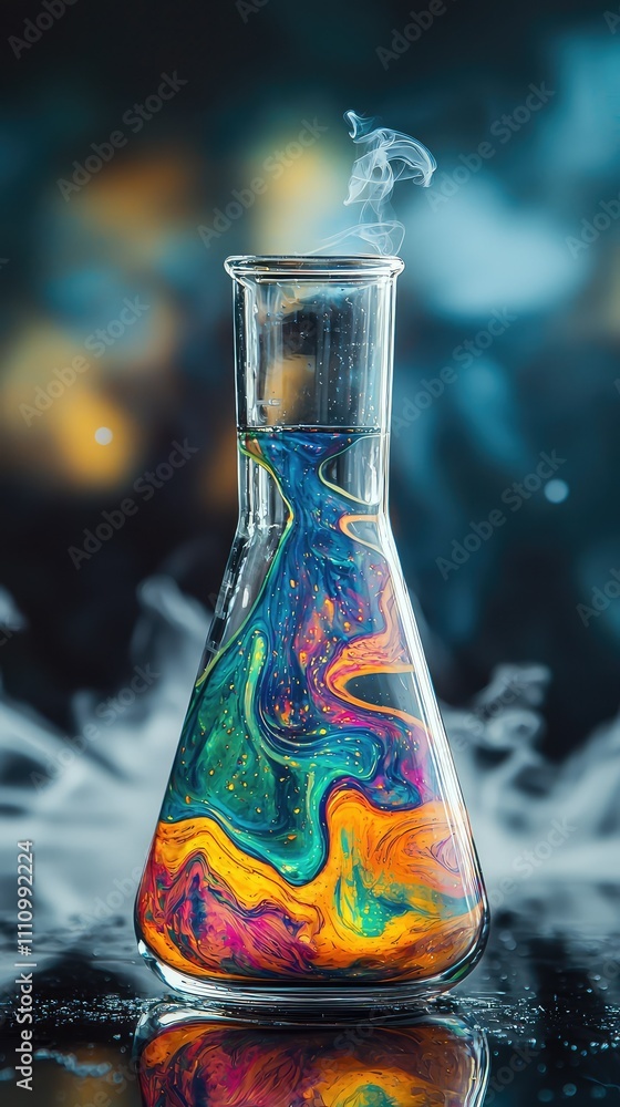 Poster colorful swirling liquid in laboratory flask with smoke effect against abstract background for scien