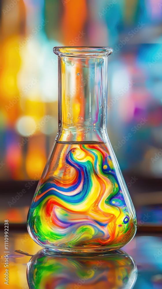 Poster colorful laboratory flask with swirling liquid creating a vibrant abstract background in a science e