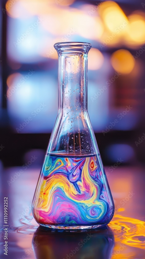 Aufkleber colorful swirl in laboratory flask: vivid liquid experiment with abstract patterns and bokeh backgro
