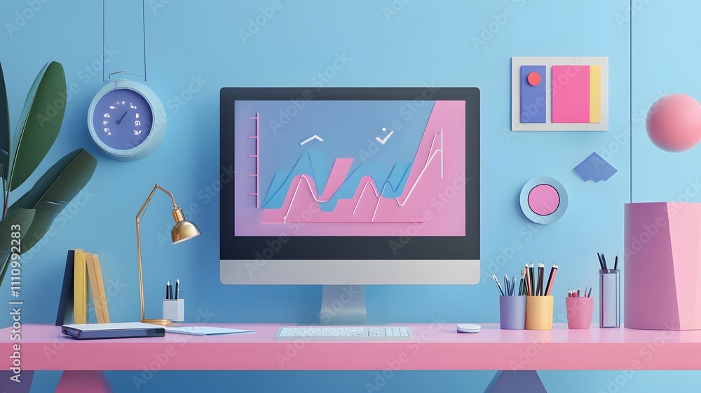 Poster modern workspace with colorful data graphics.