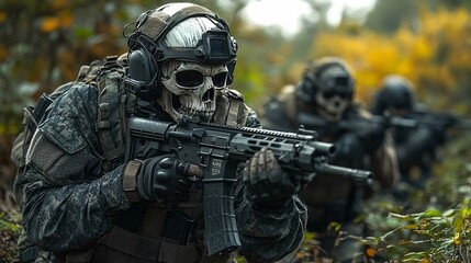 a skeleton delta force operator carrying a Mk18 with suppressor, other skeleton operators behind him finding enemies, midnightcore pastel kiragam, tarot card, in amazon forest, they are facing gunfigh