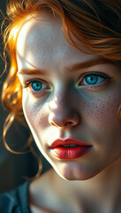 Portrait of a freckled woman with piercing blue eyes, intense and vivid realism