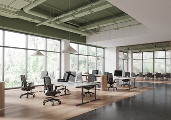 Modern open-plan office interior with large windows, ergonomic furniture, and stylish lighting fixtures in a loft-inspired workspace. 3D Rendering