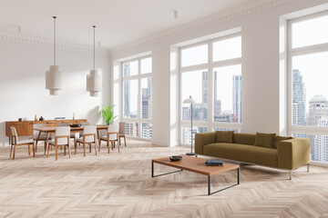 Spacious open-concept modern living and dining area with large windows in a contemporary apartment overlooking the city skyline. 3D Rendering
