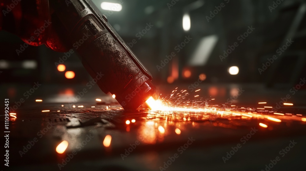Poster close-up of a welding tool creating sparks on a dimly lit workshop floor, demonstrating industrial c