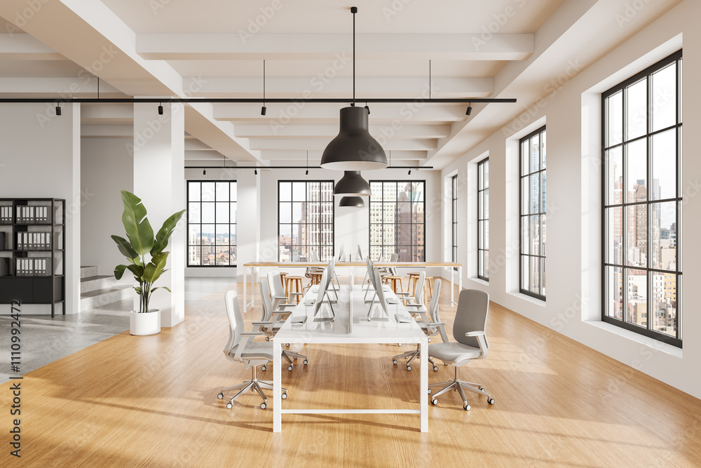 Poster modern open-plan office with large windows and natural light. 3d rendering