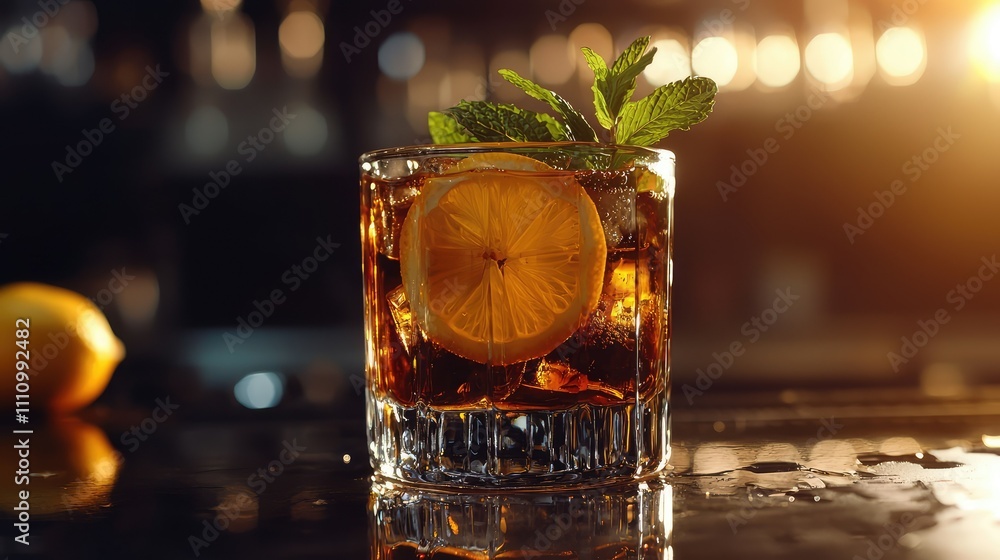 Poster refreshing cocktail with lemon and mint garnish in a stylish glass on a bar counter with soft bokeh 