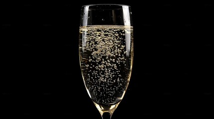 Close-Up View of Sparkling Champagne in a Flute Glass with Bubbles Rising against a Black Background, Perfect for Celebratory Events and Festive Occasions