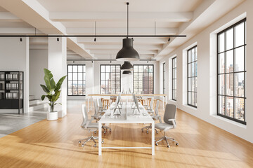 Modern open-plan office with large windows and natural light. 3D Rendering