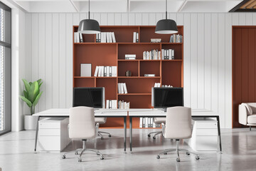Minimalist modern office interior with workspace, shelving, and decor elements. 3D Rendering