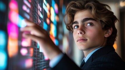 Young Entrepreneur Analyzing Data on Interactive Screen