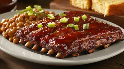 Obraz premium Photo of, A mouthwatering plate of barbecue ribs glazed with a smoky sauce, served with cornbread and coleslaw