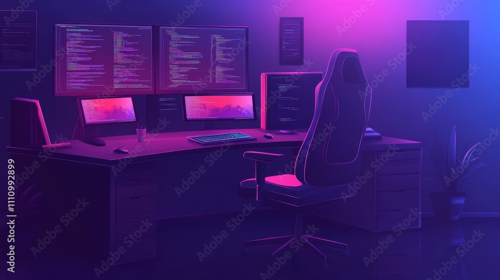 Aufkleber a modern workspace with dual monitors displaying code in a vibrant, neon-lit environment.