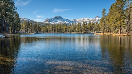 Fototapeta premium Tranquil Mountain Lake Surrounded by Forested Landscape Under a Clear Blue Sky with Snow-Capped Peaks Reflecting in the Calm Waters