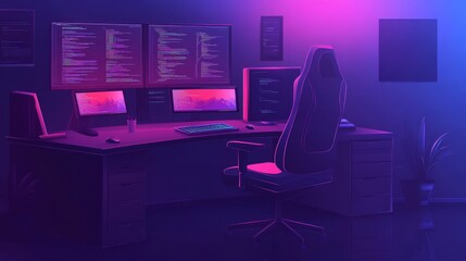 A modern workspace with dual monitors displaying code in a vibrant, neon-lit environment.