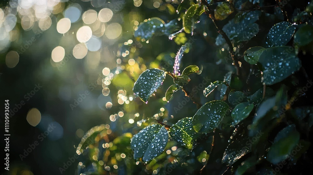 Poster glimmering green leaves with raindrops in a soft focus background highlighting beautiful natural bok