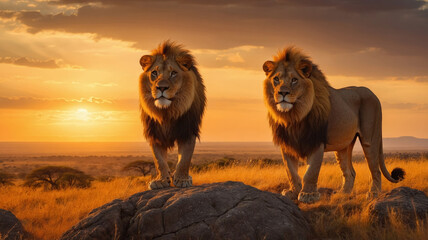 Majestic lions standing on rocks during sunset in the savanna landscape