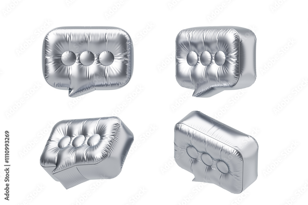 Poster metallic speech bubble icons in 3d style with reflective texture on white background. 3d rendering