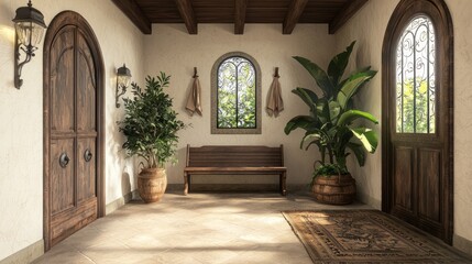Fototapeta premium Modern-Medieval Charm: Cozy Entryway with Rustic Bench, Vintage Mirror, and Potted Plant | Photorealistic Interior Design