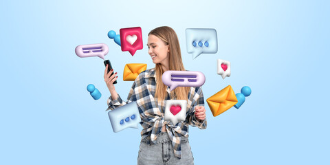 Woman using smartphone surrounded by colorful chat and social me