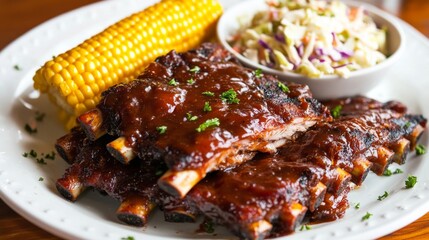 Photo of, A mouthwatering plate of barbecue ribs glazed with a tangy sauce, served with corn on the cob and coleslaw