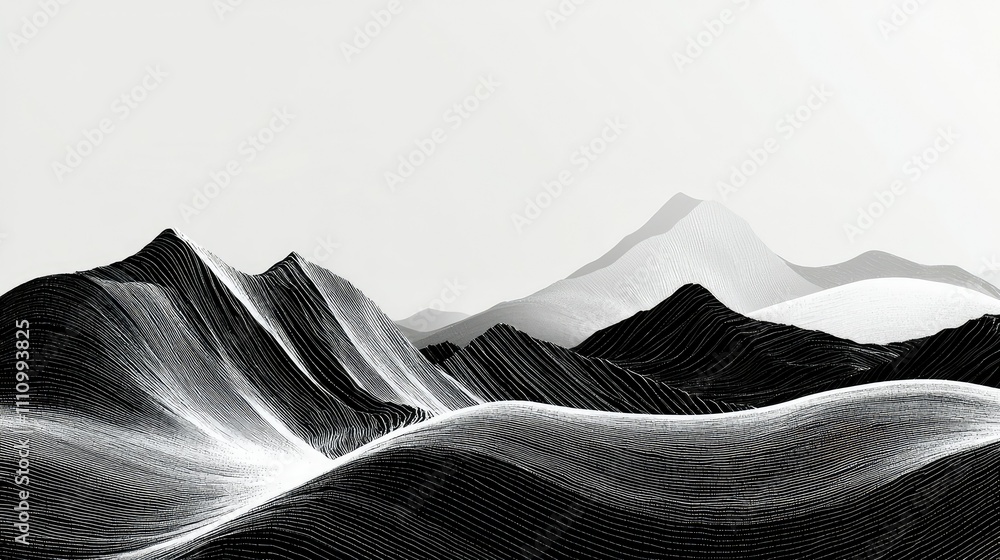 Poster abstract black and white landscape with flowing lines and textures, featuring mountain forms and und