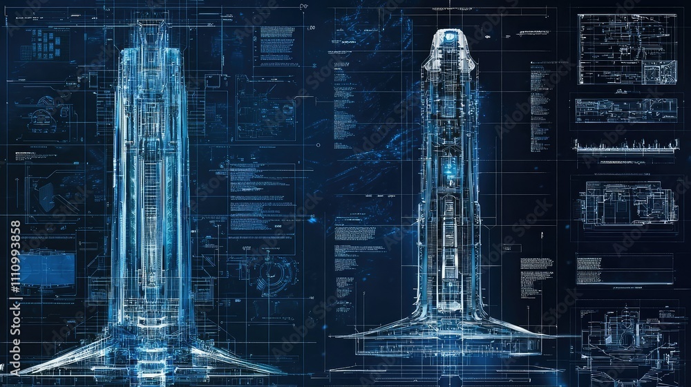 Poster detailed technical blueprint of a futuristic spacecraft design featuring an innovative structure, en