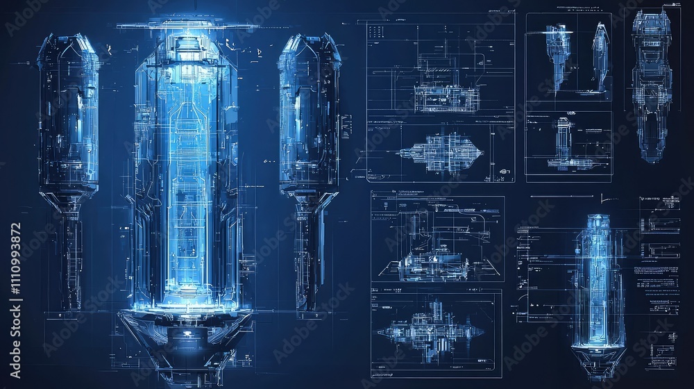 Poster futuristic technology blueprint featuring a transparent energy pod design with detailed technical dr