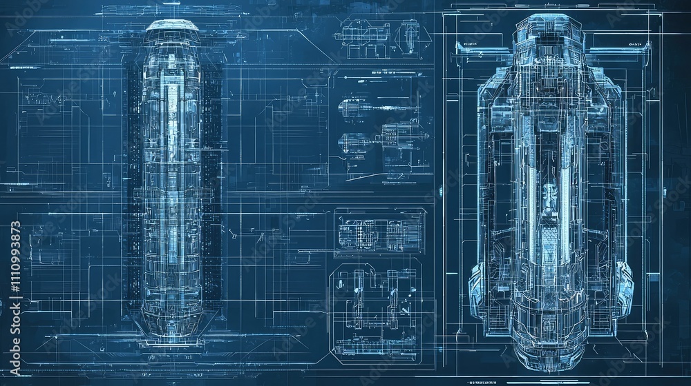 Poster digital blueprint of a futuristic capsule design featuring technical drawings and schematics in a bl