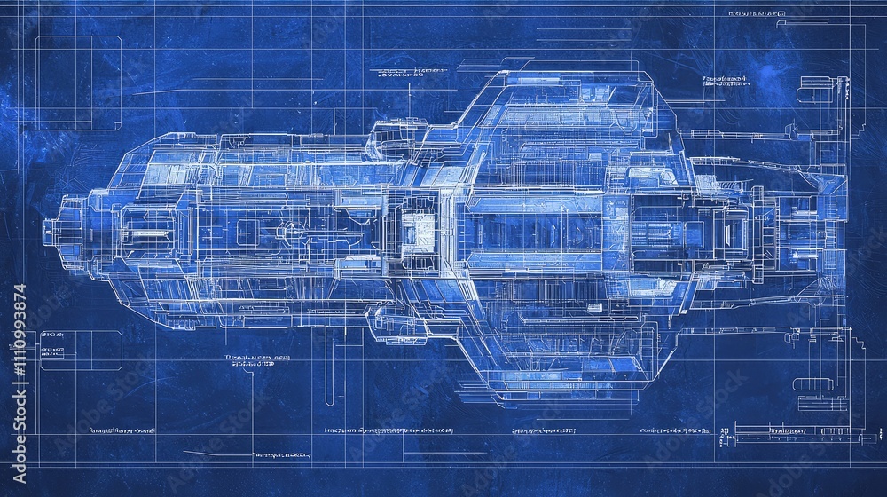Poster detailed blueprint of a science fiction spacecraft design showcasing technical specifications and in