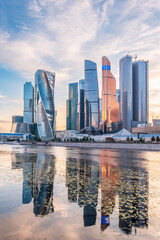 Obraz premium High buildings of Moscow-City at Moskva River at summer sunset, Russia.