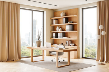 Modern executive office interior with wooden desk and shelving, large windows overlooking cityscape, beige curtains, and minimalist decor. 3D Rendering