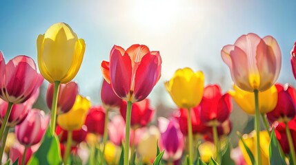 Vibrant Field of Tulips in Full Bloom Under a Bright Sunlight with Vivid Colors and Natural Beauty in a Clear Blue Sky