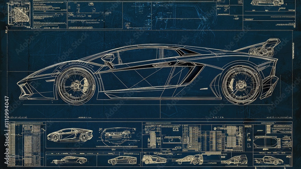 Poster detailed blueprint of a high-performance sports car with technical specifications and design element